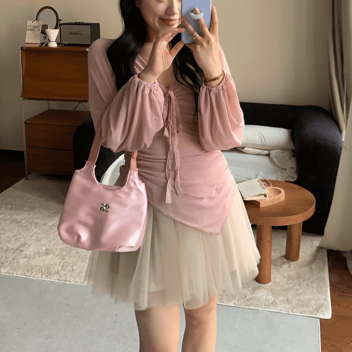 봄날 개회사 파란색 작은 꽃무늬 레이스 레이스업 불규칙 밑단 맨위 이미지 5