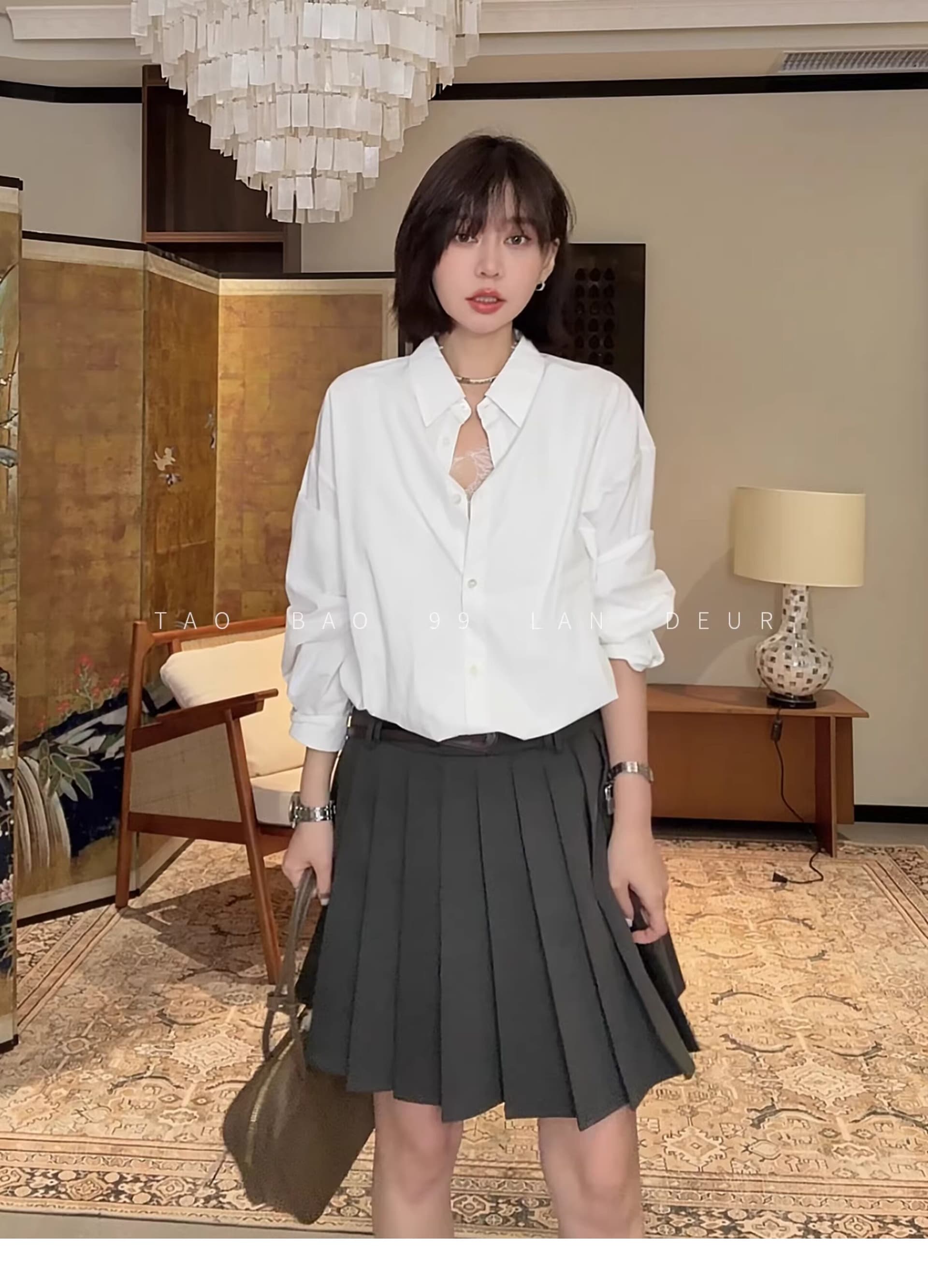 빅 사이즈 지방 mm 슬립 루즈핏 쇼트 스타일 허리밴드 페이크 레이어드 여성 셔츠 이미지 2