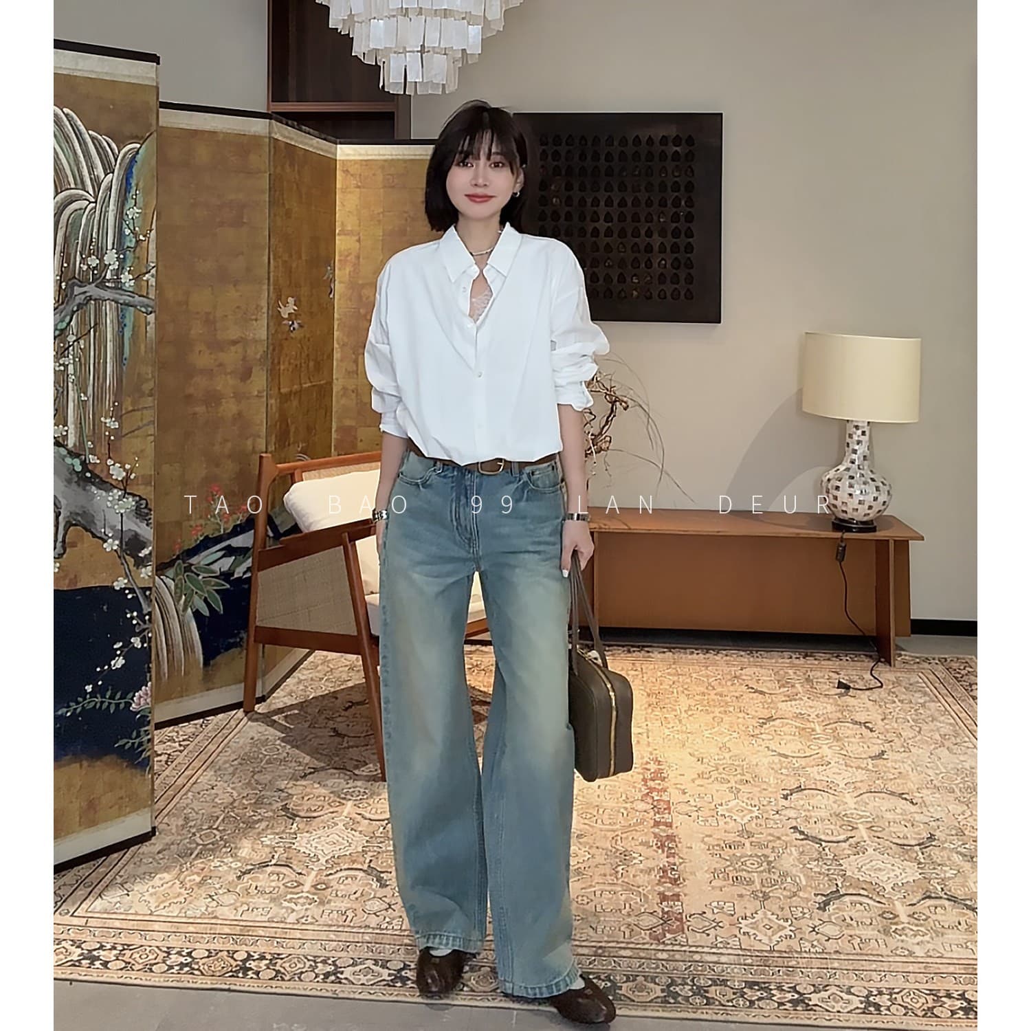 빅 사이즈 지방 mm 슬립 루즈핏 쇼트 스타일 허리밴드 페이크 레이어드 여성 셔츠 이미지 5