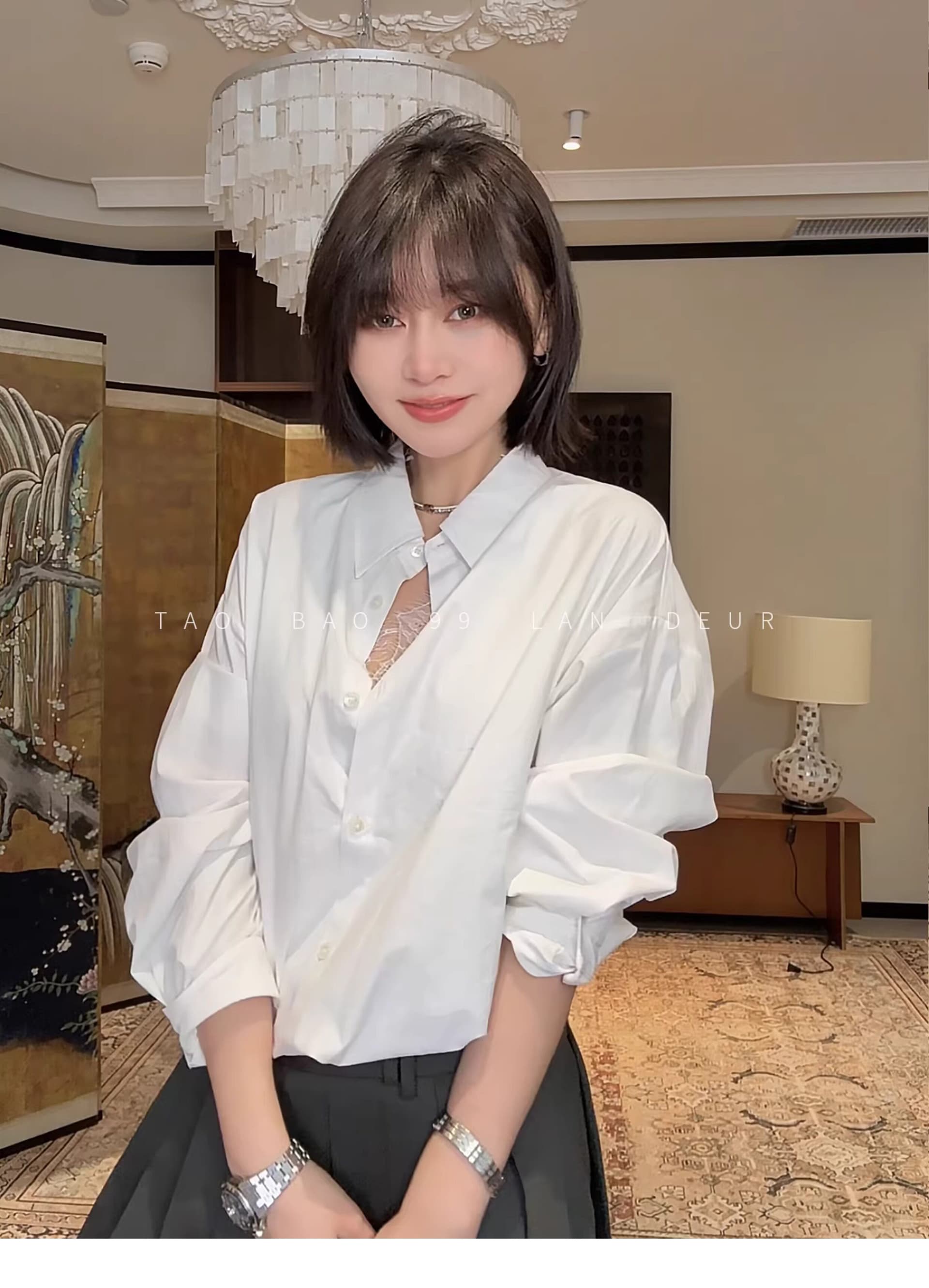 빅 사이즈 지방 mm 슬립 루즈핏 쇼트 스타일 허리밴드 페이크 레이어드 여성 셔츠 상세 이미지 3