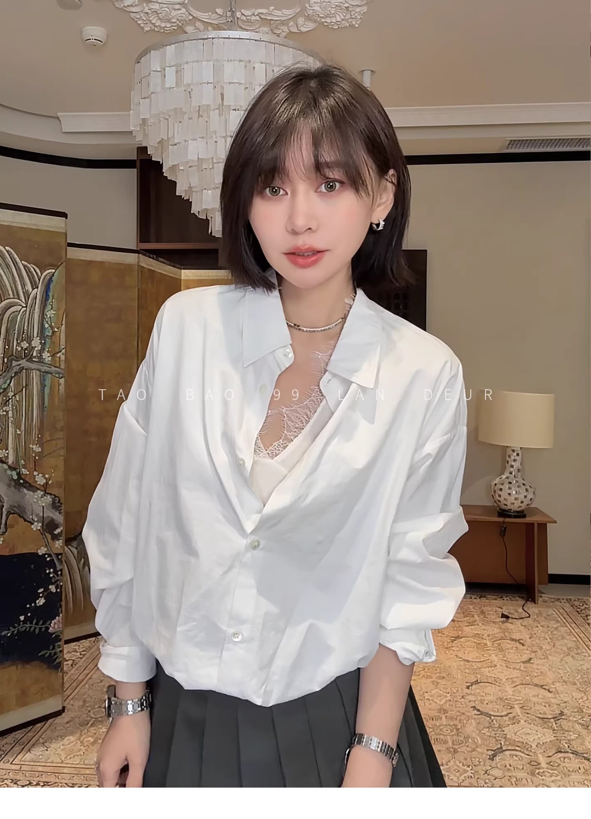 빅 사이즈 지방 mm 슬립 루즈핏 쇼트 스타일 허리밴드 페이크 레이어드 여성 셔츠 상세 이미지 8
