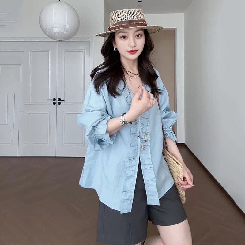 지구 산책 100 아마 프랑스식 품격 고급 센스 주름 프릴 V넥 파란색 셔츠 이미지 2