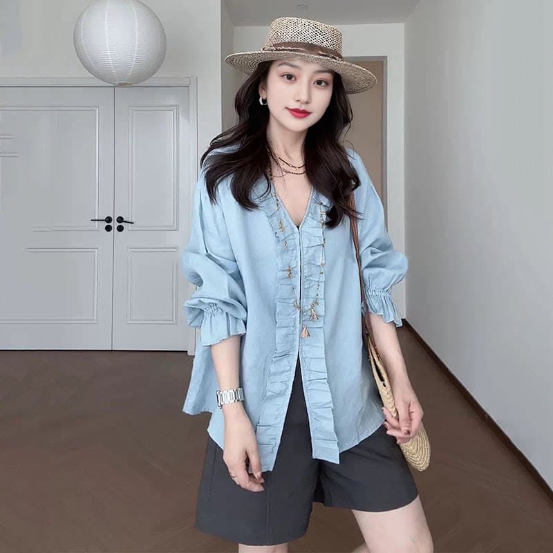 지구 산책 100 아마 프랑스식 품격 고급 센스 주름 프릴 V넥 파란색 셔츠