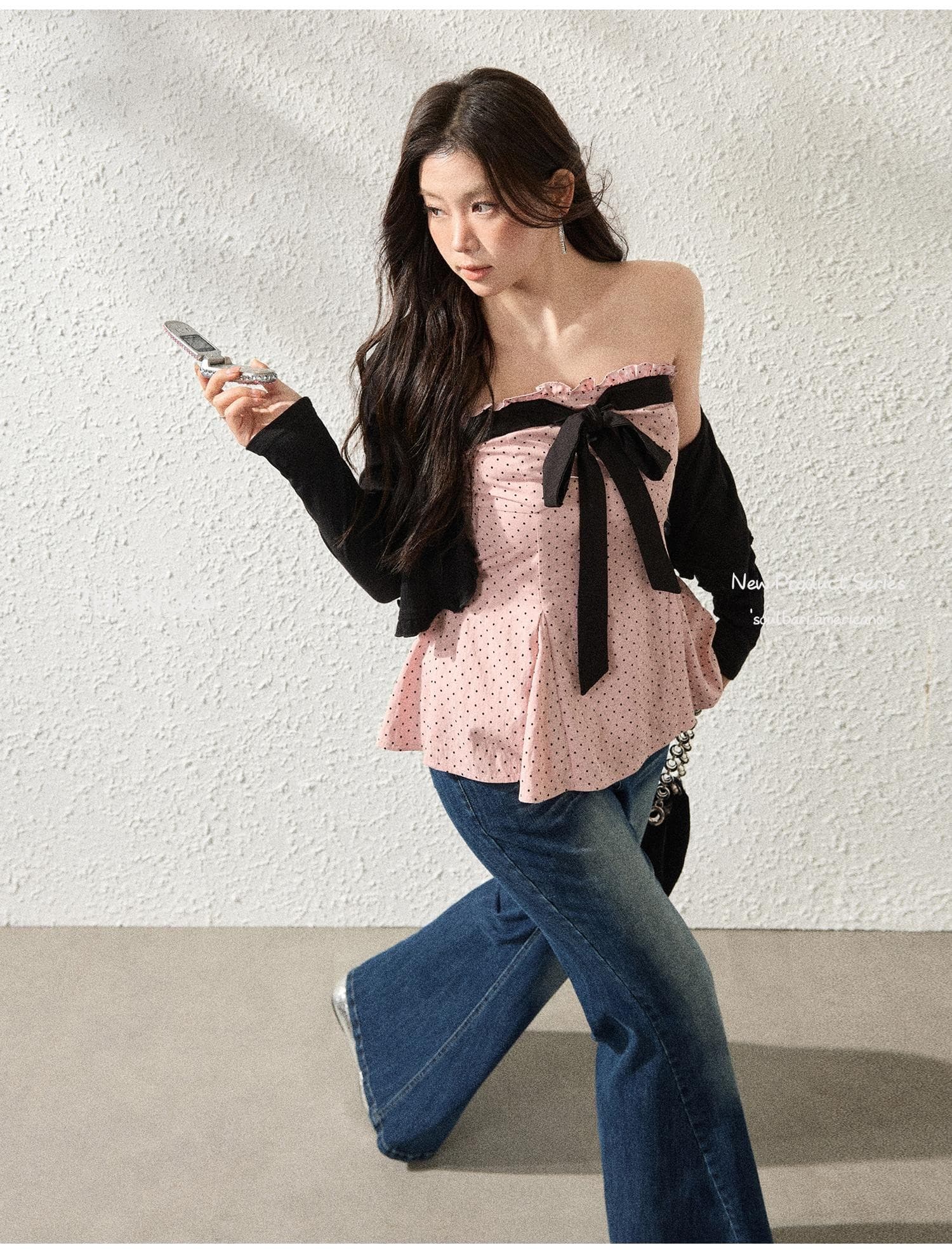 장 어른 복숭아 달콤한 서리 빅 사이즈 여성 의류 마이크로 지방 자매 아메리칸 레트로 도트 무늬 분말 포장 가슴 셔츠 상세 이미지 6