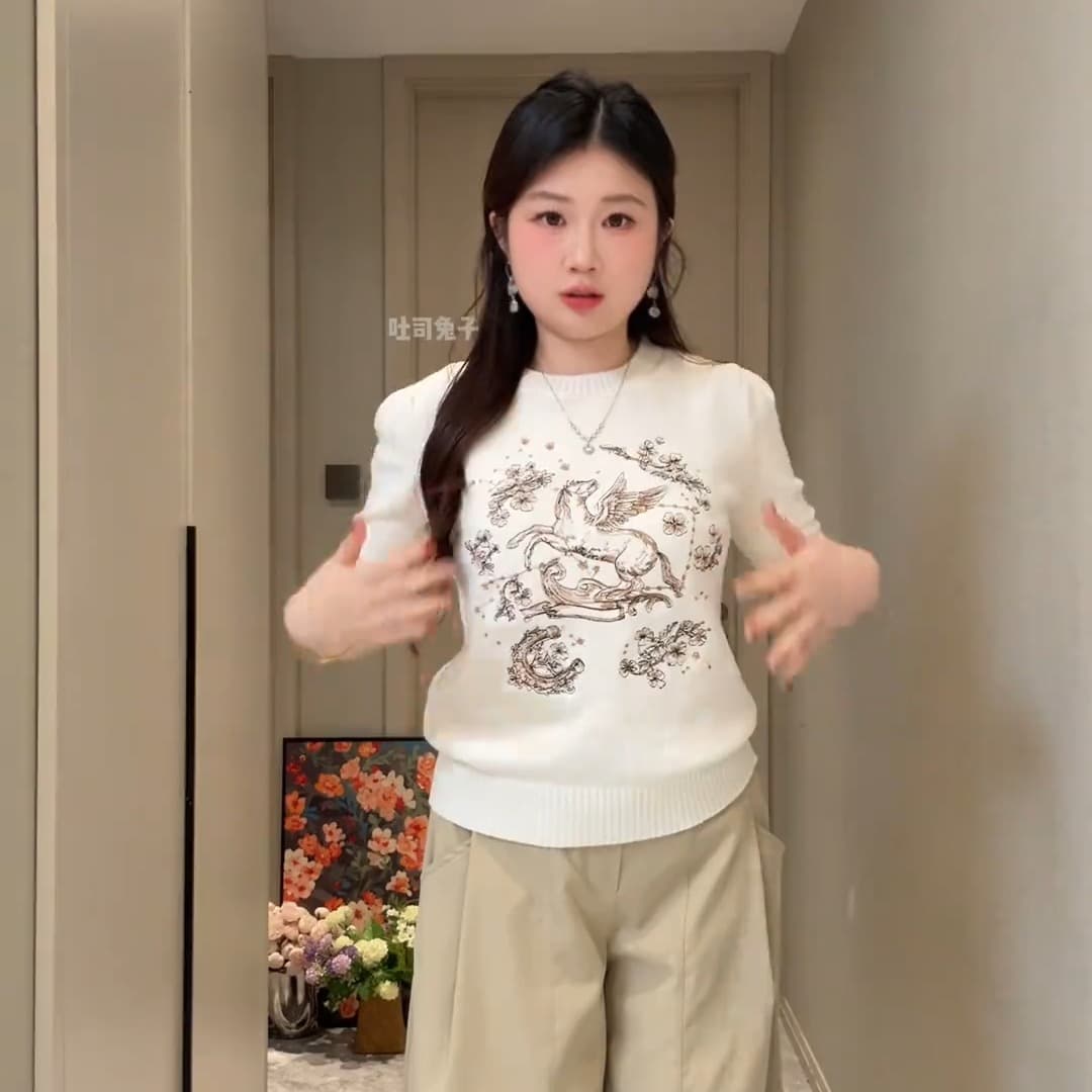 빅 사이즈 지방 mm 무거운 작업 자수 작은 말 패턴 니트 반팔 티셔츠 여성 봄 여름 순수한 욕망 바람 슬림해 보이는 긍정적 인 어깨 의류 이미지 6