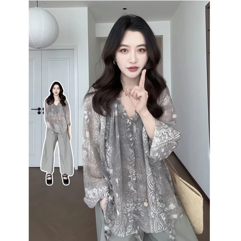 우아한 헤일로 염색 프랑스식 슬림해 보이는 프린트 프릴 V넥 블라우스 여성 자외선 차단 이미지 3