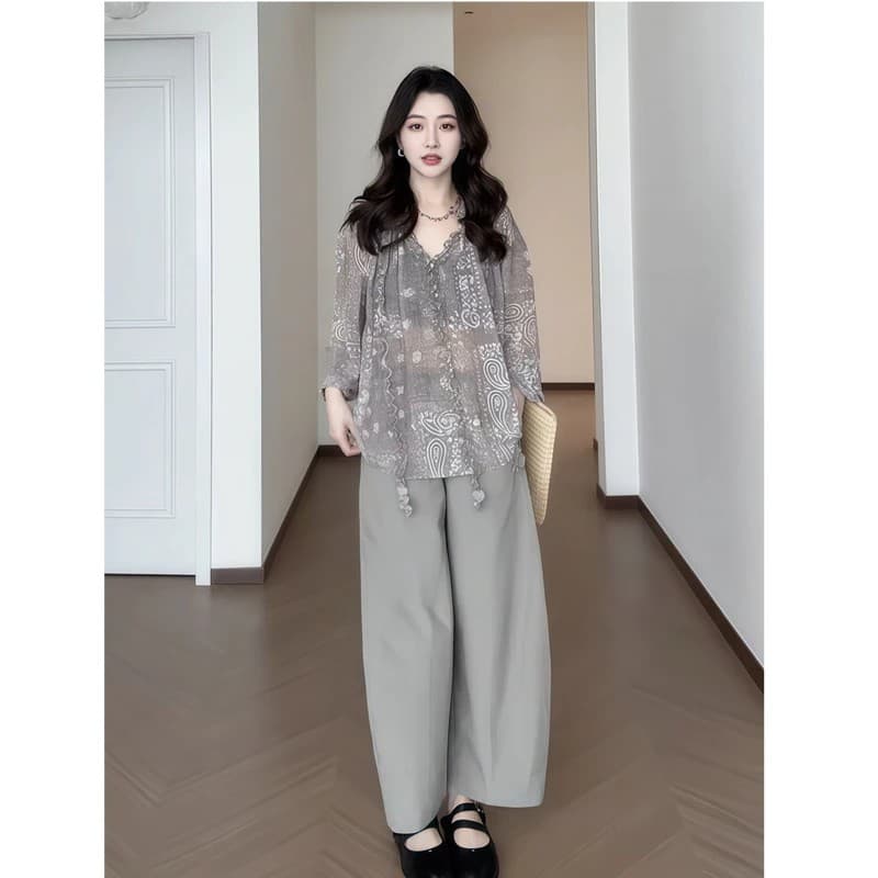 우아한 헤일로 염색 프랑스식 슬림해 보이는 프린트 프릴 V넥 블라우스 여성 자외선 차단 이미지 4