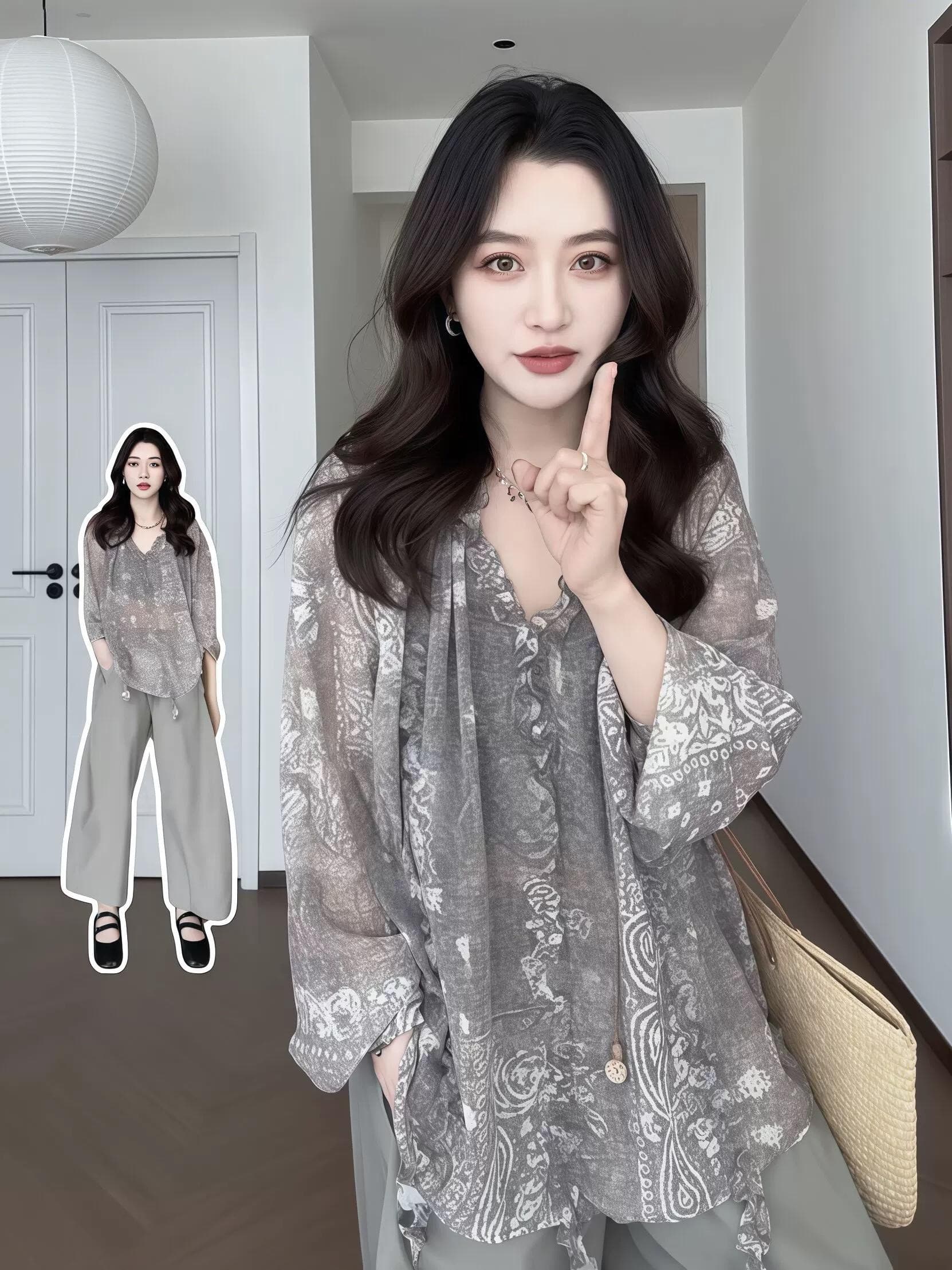 우아한 헤일로 염색 프랑스식 슬림해 보이는 프린트 프릴 V넥 블라우스 여성 자외선 차단 상세 이미지 2