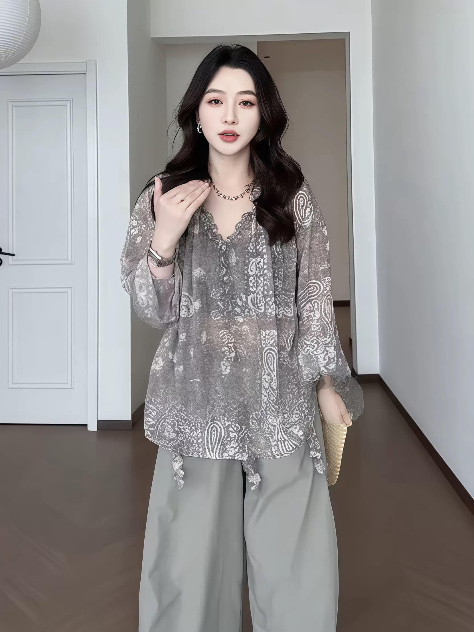 우아한 헤일로 염색 프랑스식 슬림해 보이는 프린트 프릴 V넥 블라우스 여성 자외선 차단 상세 이미지 3
