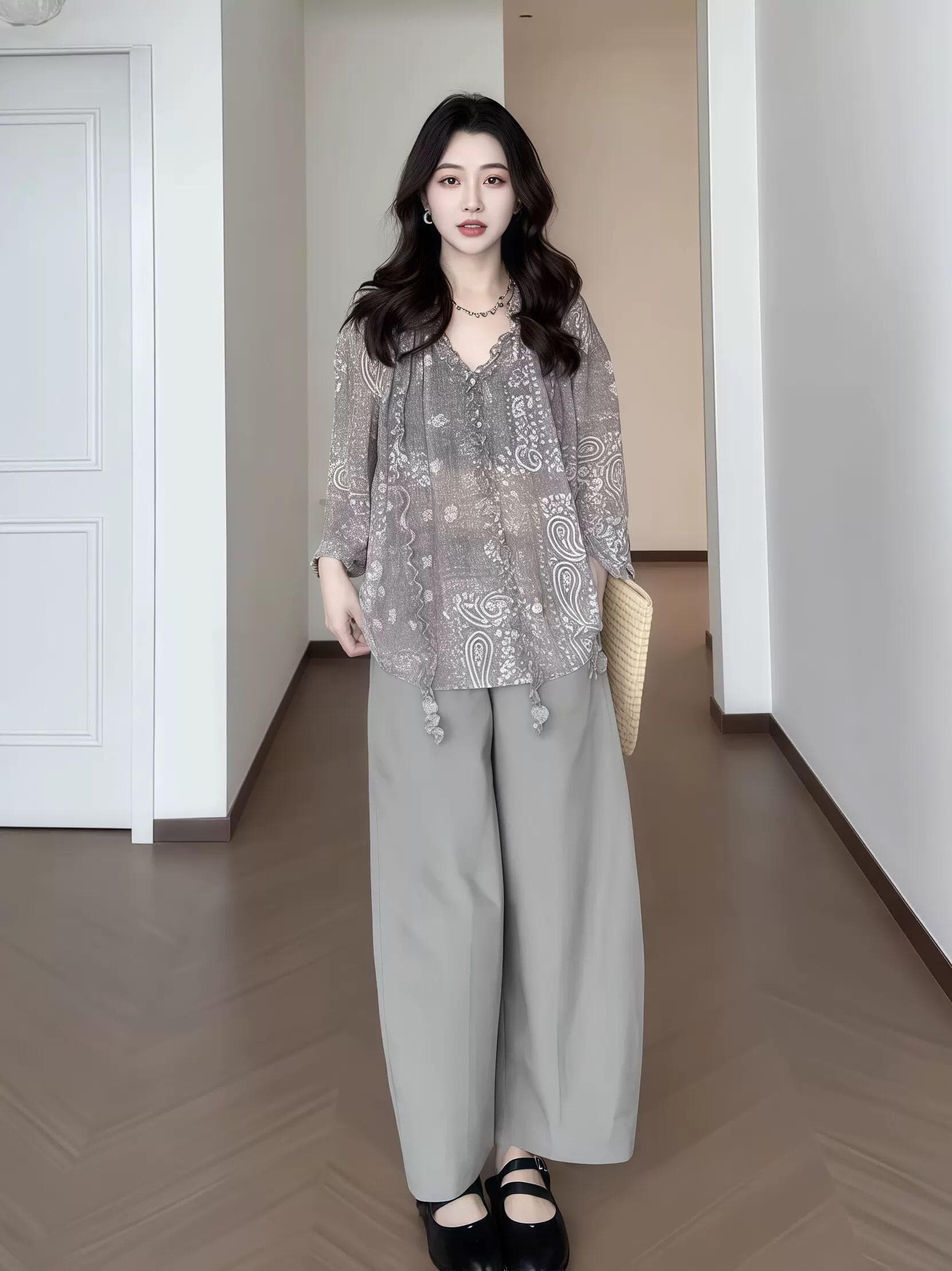 우아한 헤일로 염색 프랑스식 슬림해 보이는 프린트 프릴 V넥 블라우스 여성 자외선 차단 상세 이미지 5