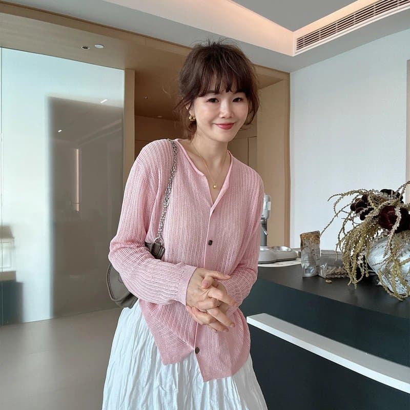봄 여름 한 부서 미니멀리즘 스타일 싱글 줄 버튼 홀로우 아웃 니트 오픈 가디건 맨위 상세 이미지 8