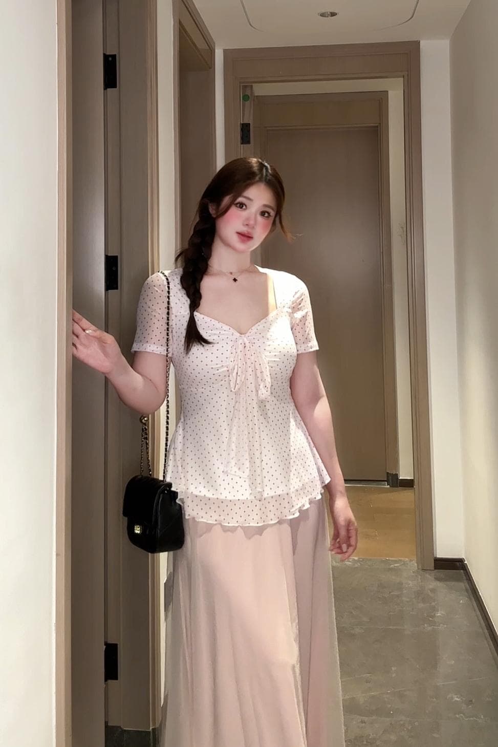 마이크로 지방 mm 프랑스식 도트 무늬 망사 맨위 티셔츠 여성 여름 2026 새로운 몸매 가꾸기 슬림해 보이는 맨위 반 스커트 세트 상세 이미지 14