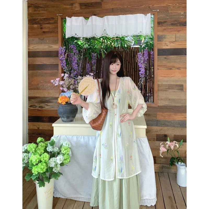 반달 鱼花 남자 머리말 오리지널 디자인 꽃무늬 잘 생긴 휴가 오픈 가디건 녹색 슬립 드레스 임신 엄마 웨어러블 이미지 2