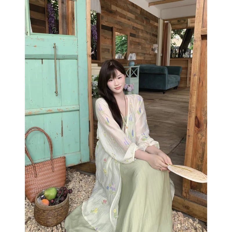 반달 鱼花 남자 머리말 오리지널 디자인 꽃무늬 잘 생긴 휴가 오픈 가디건 녹색 슬립 드레스 임신 엄마 웨어러블 이미지 3