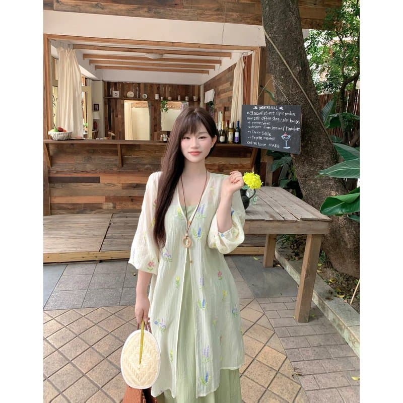 반달 鱼花 남자 머리말 오리지널 디자인 꽃무늬 잘 생긴 휴가 오픈 가디건 녹색 슬립 드레스 임신 엄마 웨어러블 이미지 6