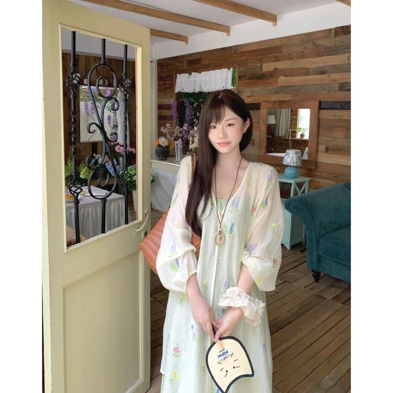 반달 鱼花 남자 머리말 오리지널 디자인 꽃무늬 잘 생긴 휴가 오픈 가디건 녹색 슬립 드레스 임신 엄마 웨어러블 이미지 4