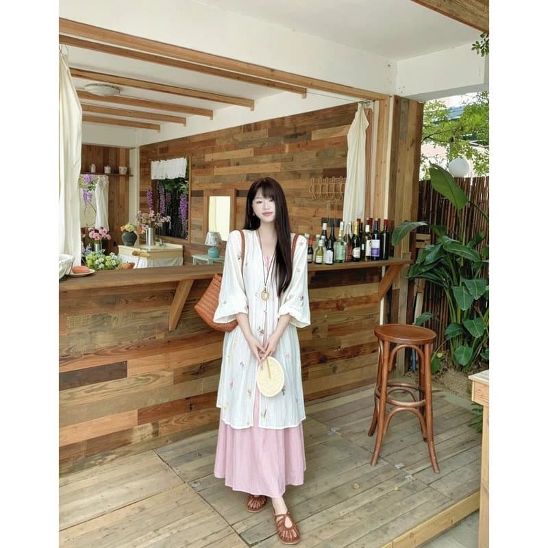 반달 鱼花 남자 머리말 오리지널 디자인 꽃무늬 잘 생긴 휴가 오픈 가디건 녹색 슬립 드레스 임신 엄마 웨어러블 이미지 5