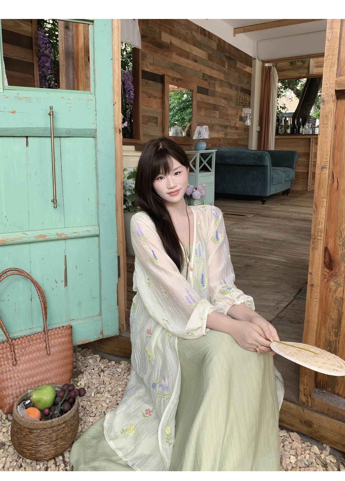 반달 鱼花 남자 머리말 오리지널 디자인 꽃무늬 잘 생긴 휴가 오픈 가디건 녹색 슬립 드레스 임신 엄마 웨어러블 상세 이미지 13