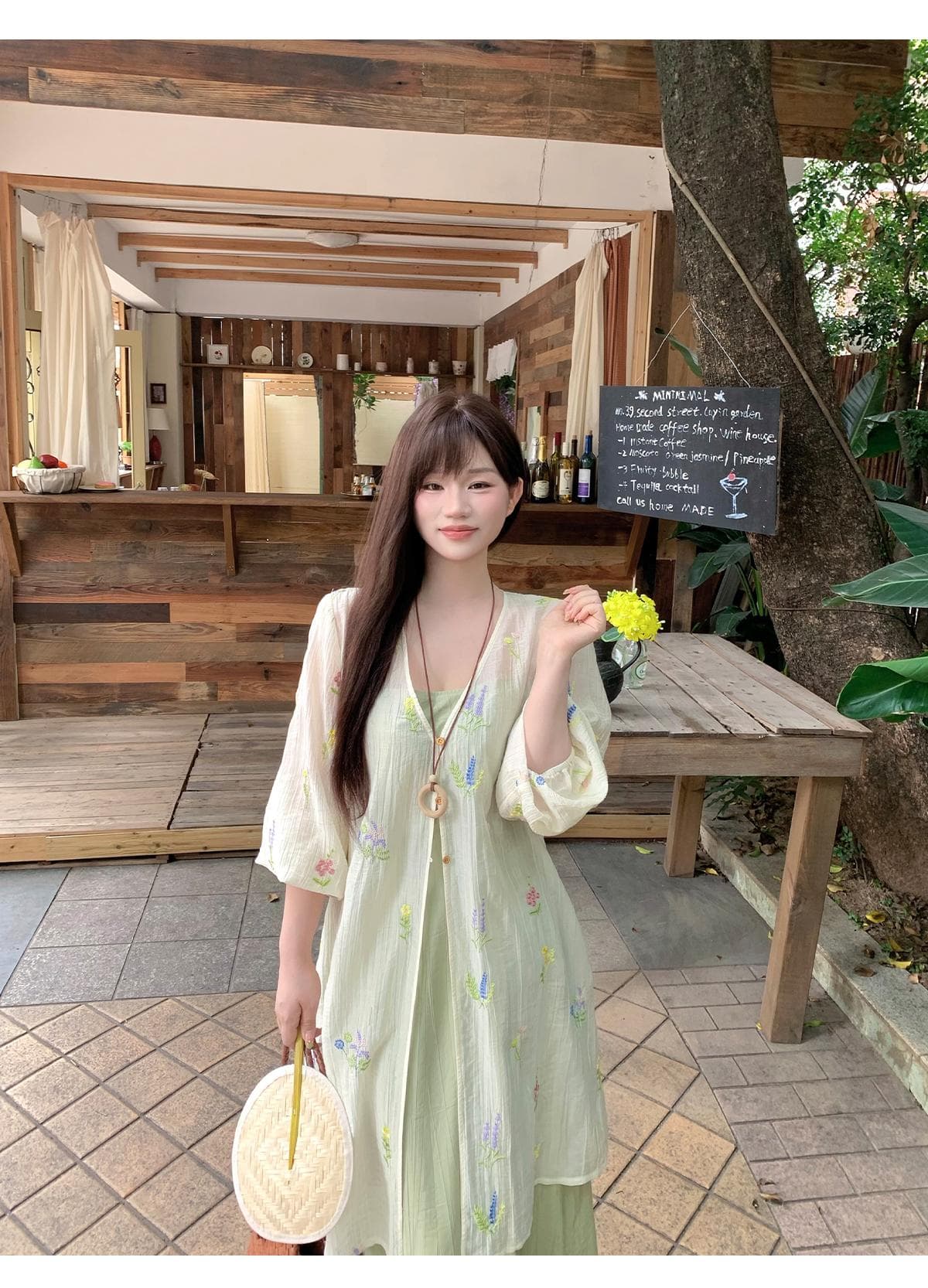 반달 鱼花 남자 머리말 오리지널 디자인 꽃무늬 잘 생긴 휴가 오픈 가디건 녹색 슬립 드레스 임신 엄마 웨어러블 상세 이미지 14