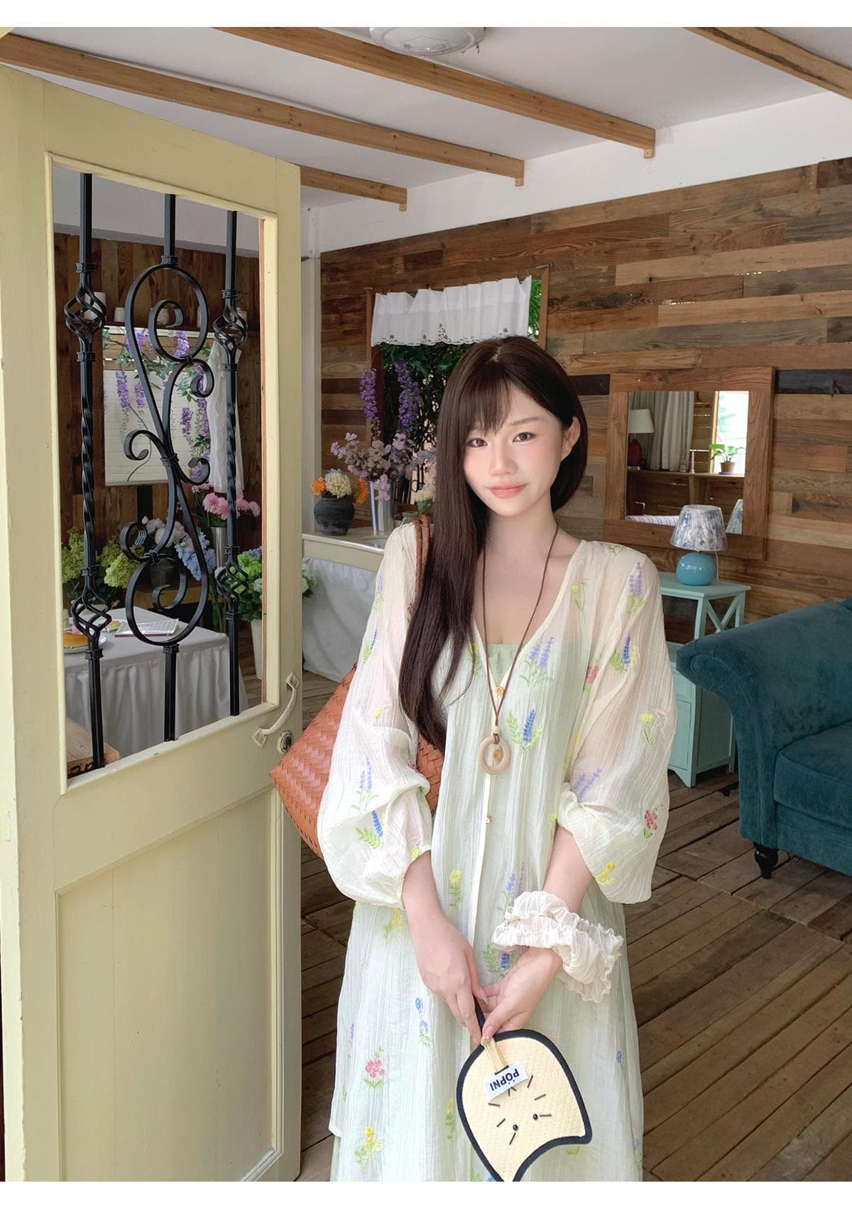 반달 鱼花 남자 머리말 오리지널 디자인 꽃무늬 잘 생긴 휴가 오픈 가디건 녹색 슬립 드레스 임신 엄마 웨어러블 상세 이미지 15