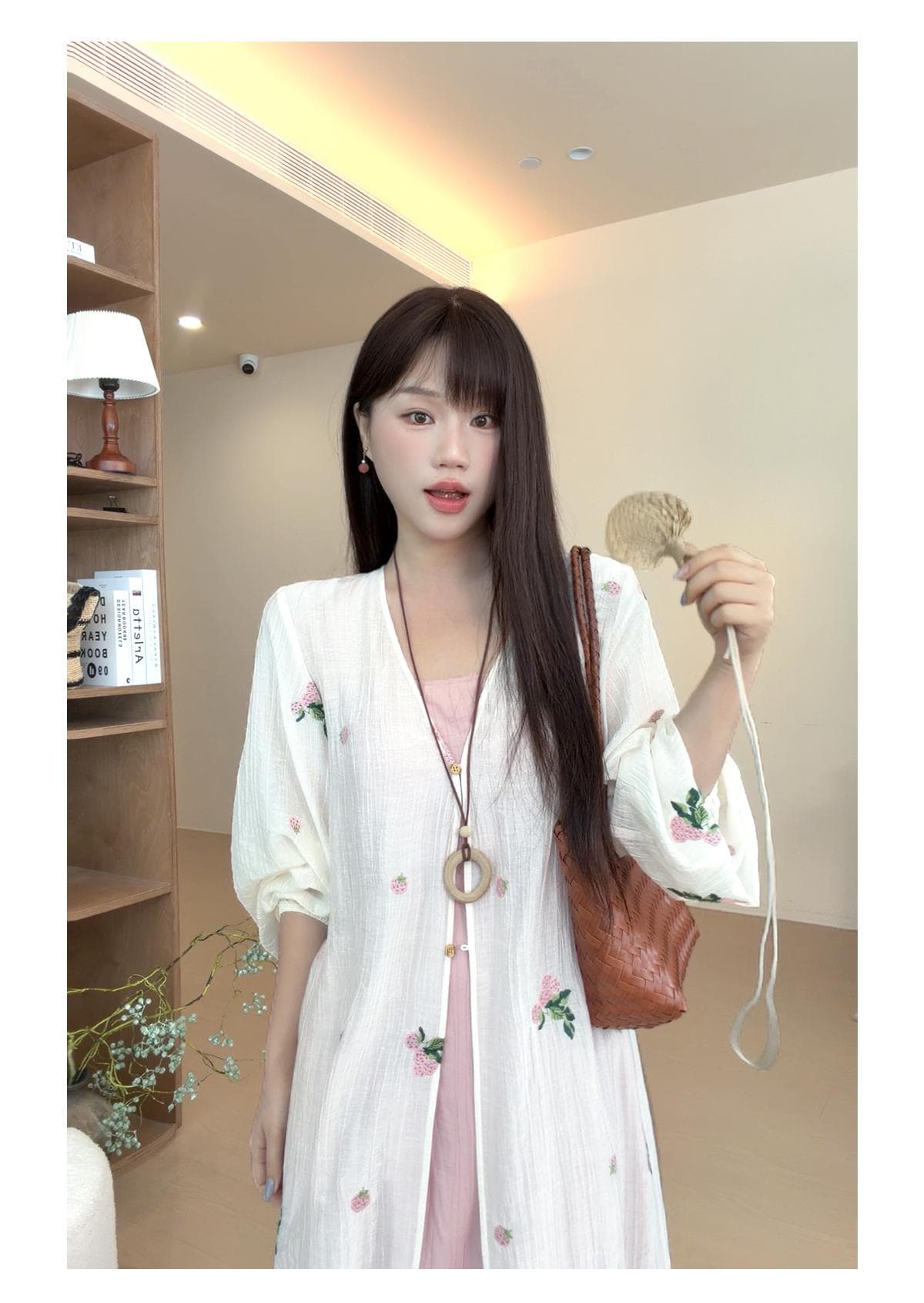 반달 鱼花 남자 머리말 오리지널 디자인 꽃무늬 잘 생긴 휴가 오픈 가디건 녹색 슬립 드레스 임신 엄마 웨어러블 상세 이미지 18