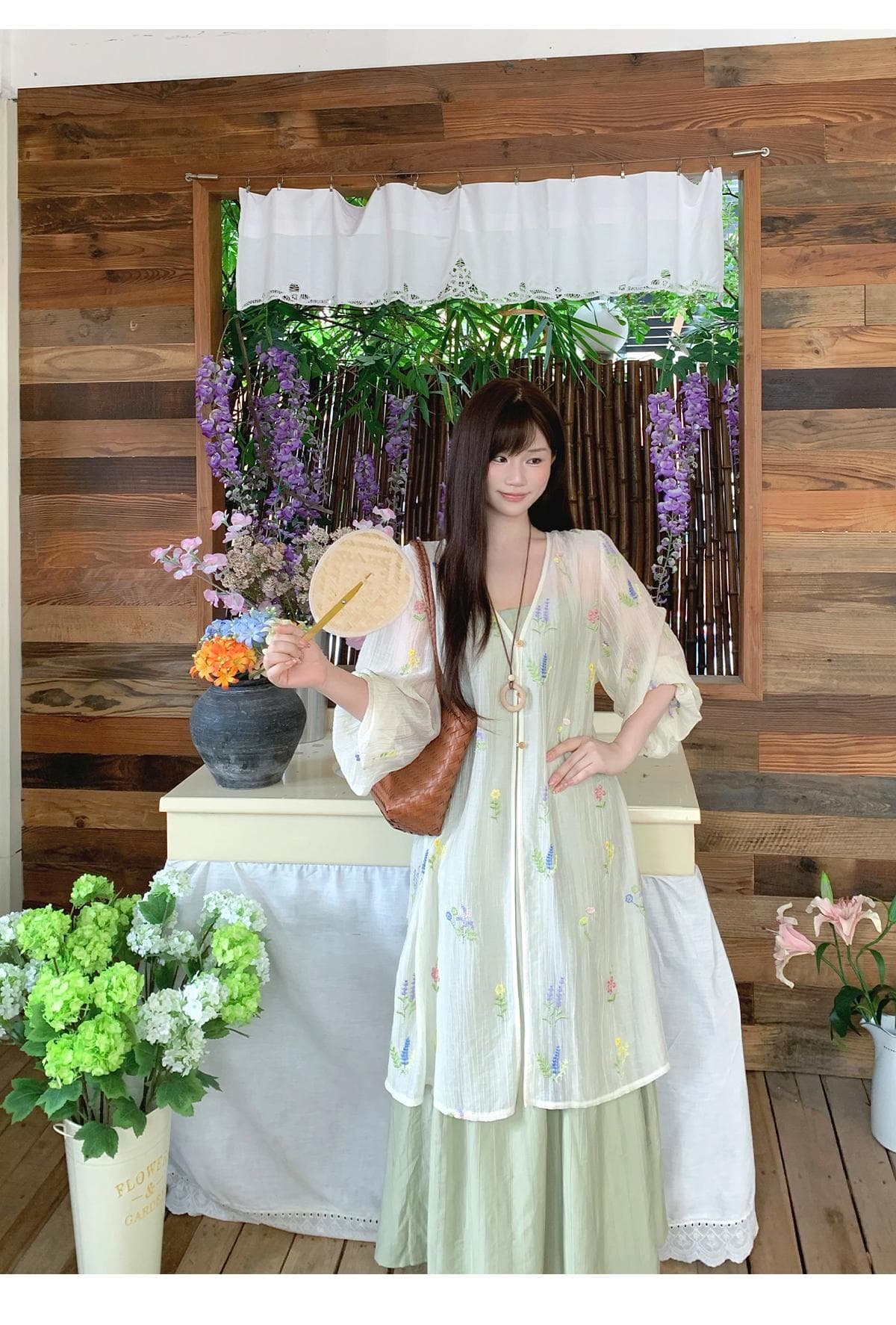 반달 鱼花 남자 머리말 오리지널 디자인 꽃무늬 잘 생긴 휴가 오픈 가디건 녹색 슬립 드레스 임신 엄마 웨어러블 상세 이미지 19