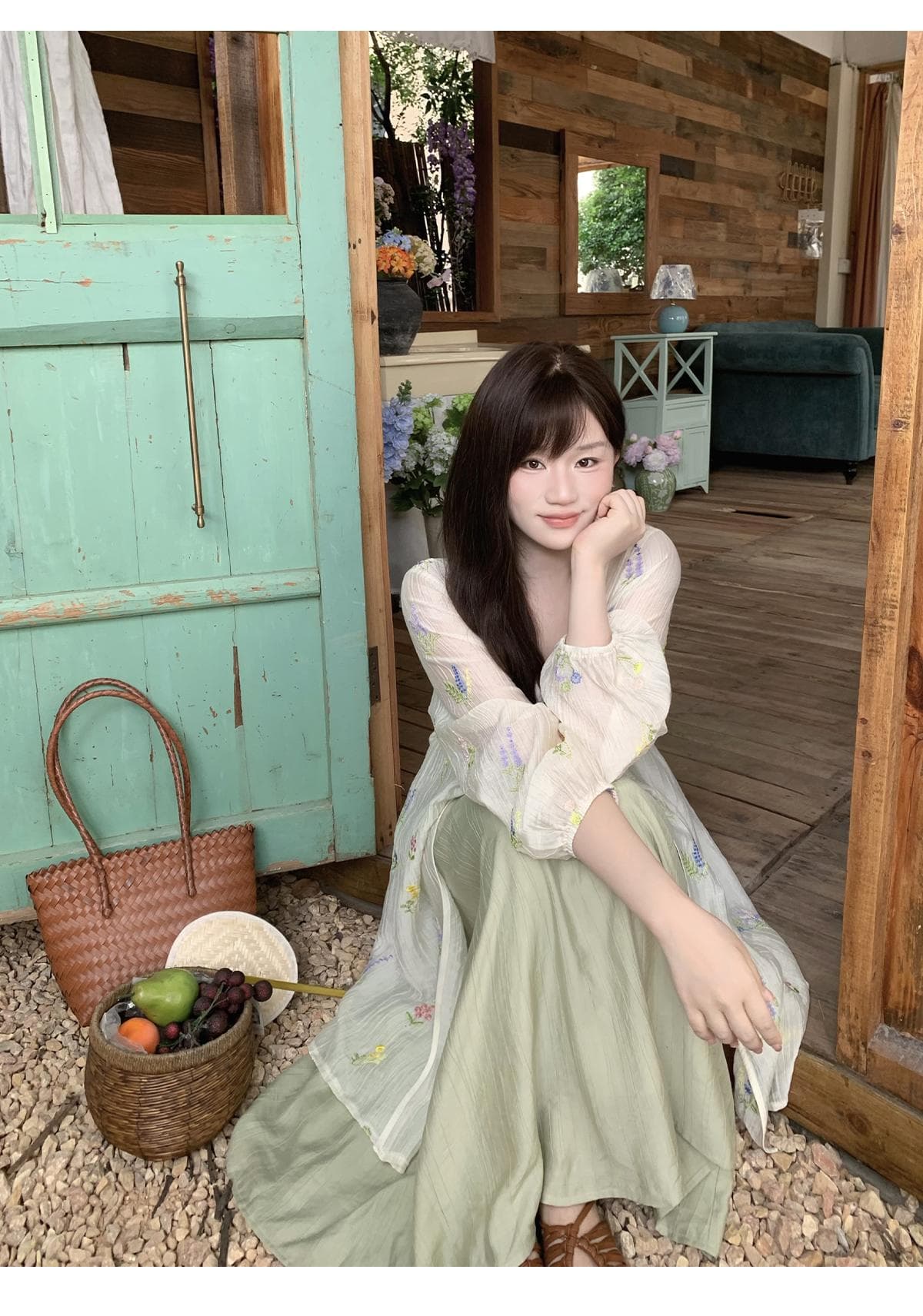 반달 鱼花 남자 머리말 오리지널 디자인 꽃무늬 잘 생긴 휴가 오픈 가디건 녹색 슬립 드레스 임신 엄마 웨어러블 상세 이미지 20