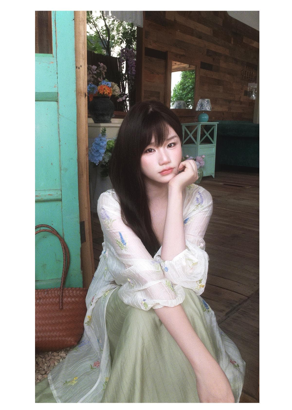 반달 鱼花 남자 머리말 오리지널 디자인 꽃무늬 잘 생긴 휴가 오픈 가디건 녹색 슬립 드레스 임신 엄마 웨어러블 상세 이미지 24