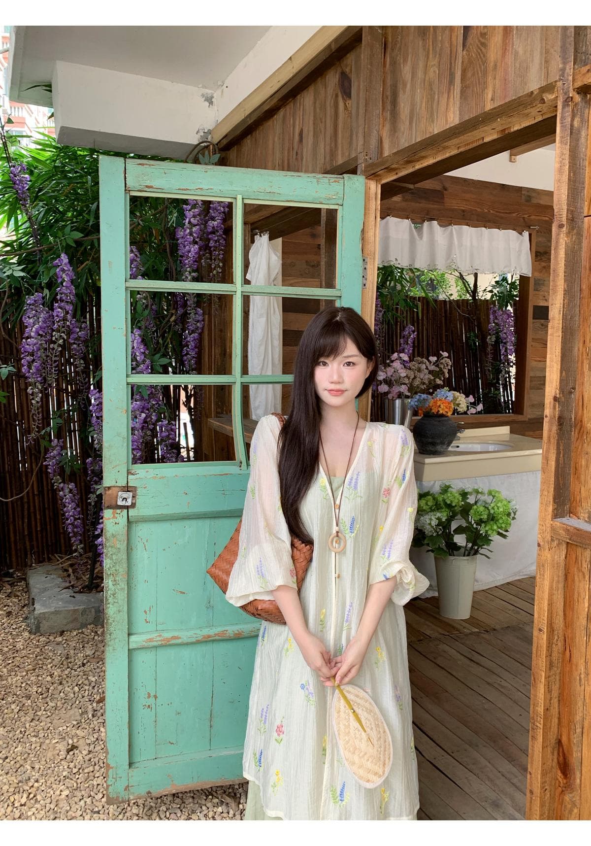 반달 鱼花 남자 머리말 오리지널 디자인 꽃무늬 잘 생긴 휴가 오픈 가디건 녹색 슬립 드레스 임신 엄마 웨어러블 상세 이미지 27