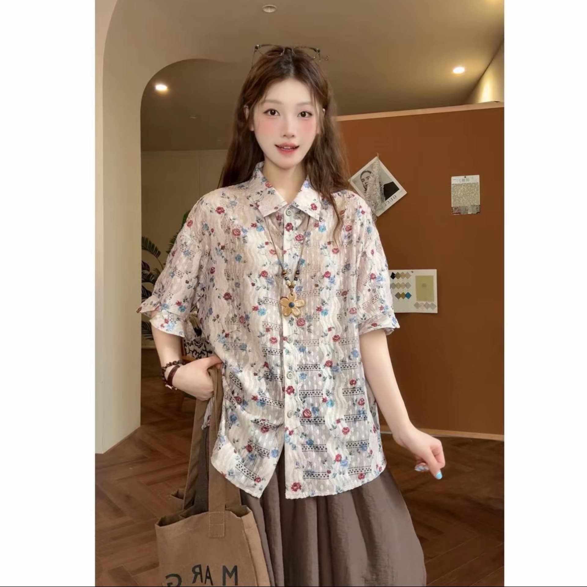 여름 디자인 센스 꽃무늬 레트로 홀로우 아웃 홍콩 느낌 다용도 셔츠 불규칙 패치워크 레이스 디자인 센스 바지 상세 이미지 1