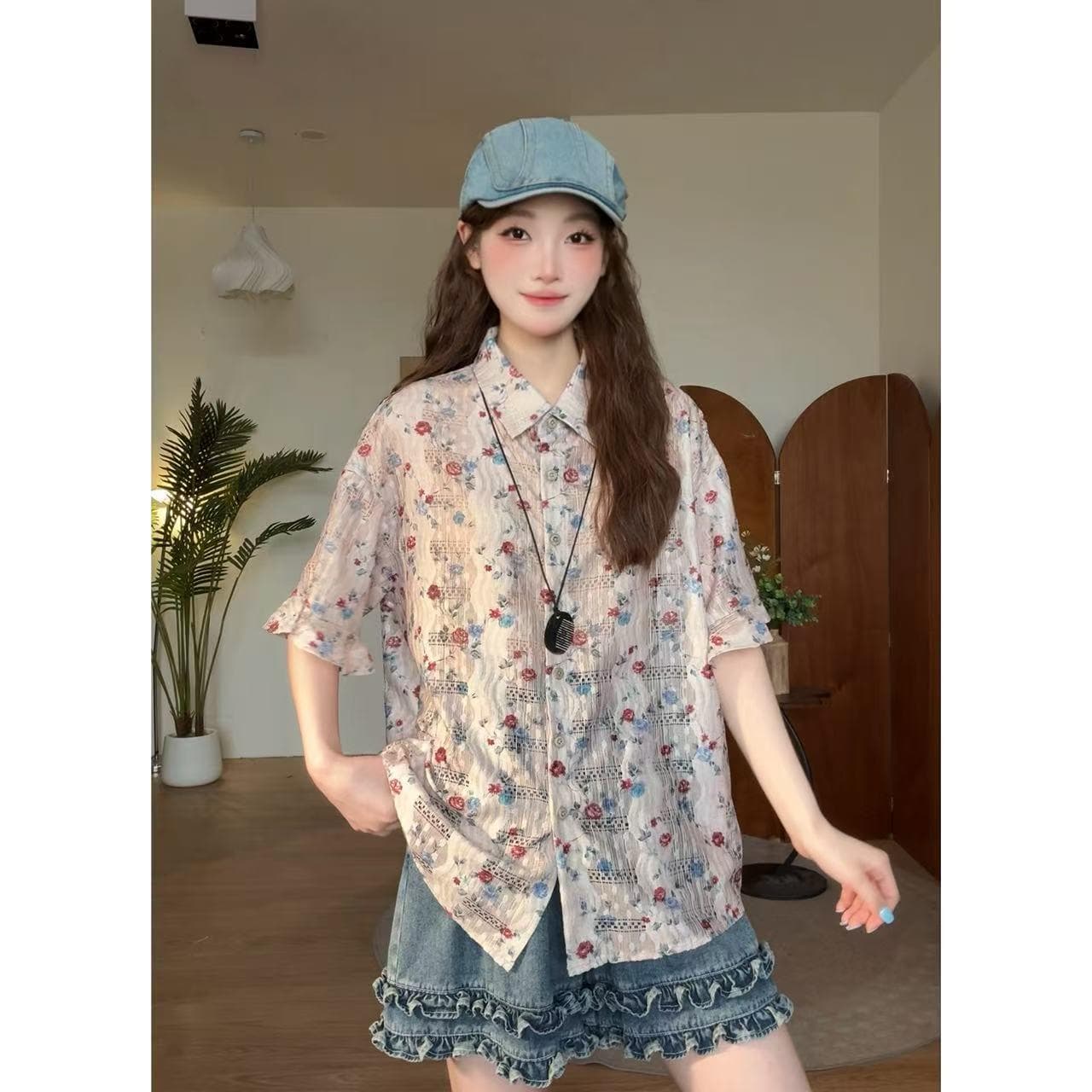 여름 디자인 센스 꽃무늬 레트로 홀로우 아웃 홍콩 느낌 다용도 셔츠 불규칙 패치워크 레이스 디자인 센스 바지 상세 이미지 4