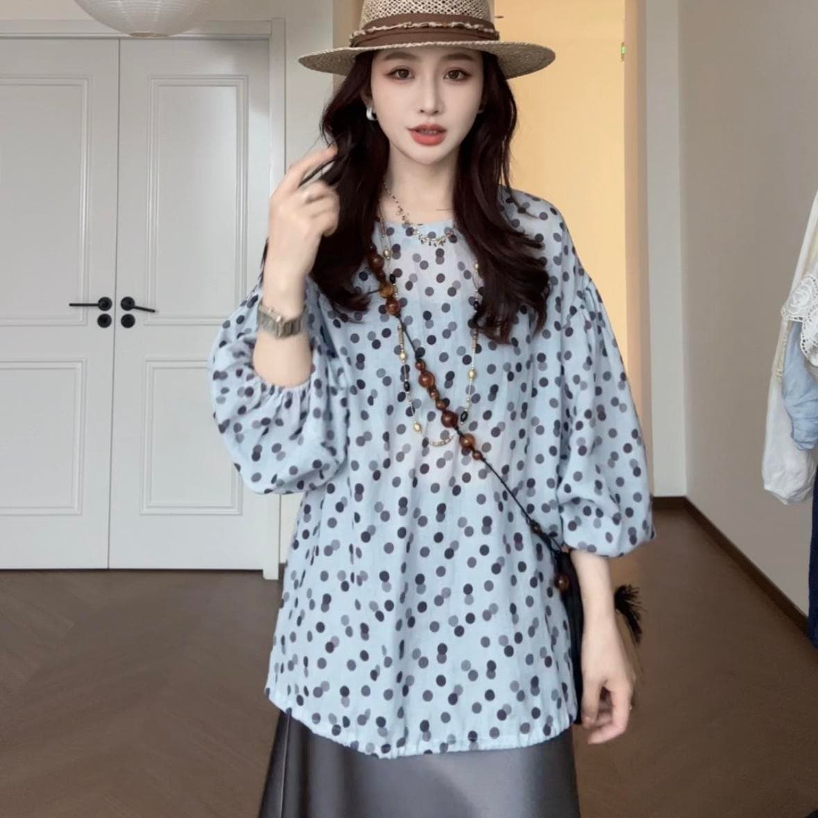 프랑스식 고급 센스 연령 감소 작은 대중 외국 가스 도트 무늬 셔츠 맨위 여성 상세 이미지 2