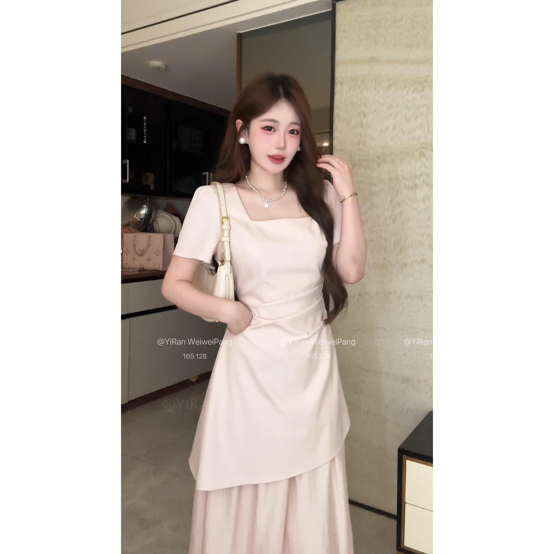 빅 사이즈 여성 의류 품격 부드러운 바람 프랑스식 여름 허리 수축 슬림해 보이는 반팔 광장 칼라 드레스 상세 이미지 3