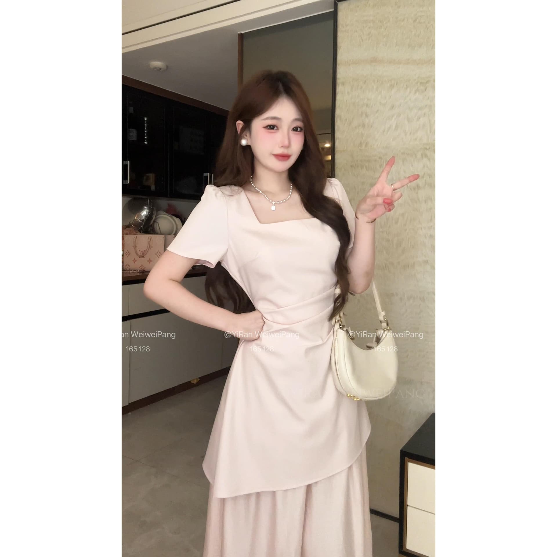 빅 사이즈 여성 의류 품격 부드러운 바람 프랑스식 여름 허리 수축 슬림해 보이는 반팔 광장 칼라 드레스 상세 이미지 4