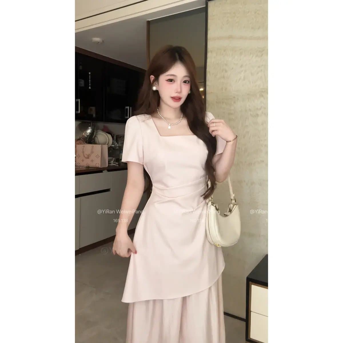 빅 사이즈 여성 의류 품격 부드러운 바람 프랑스식 여름 허리 수축 슬림해 보이는 반팔 광장 칼라 드레스 상세 이미지 13