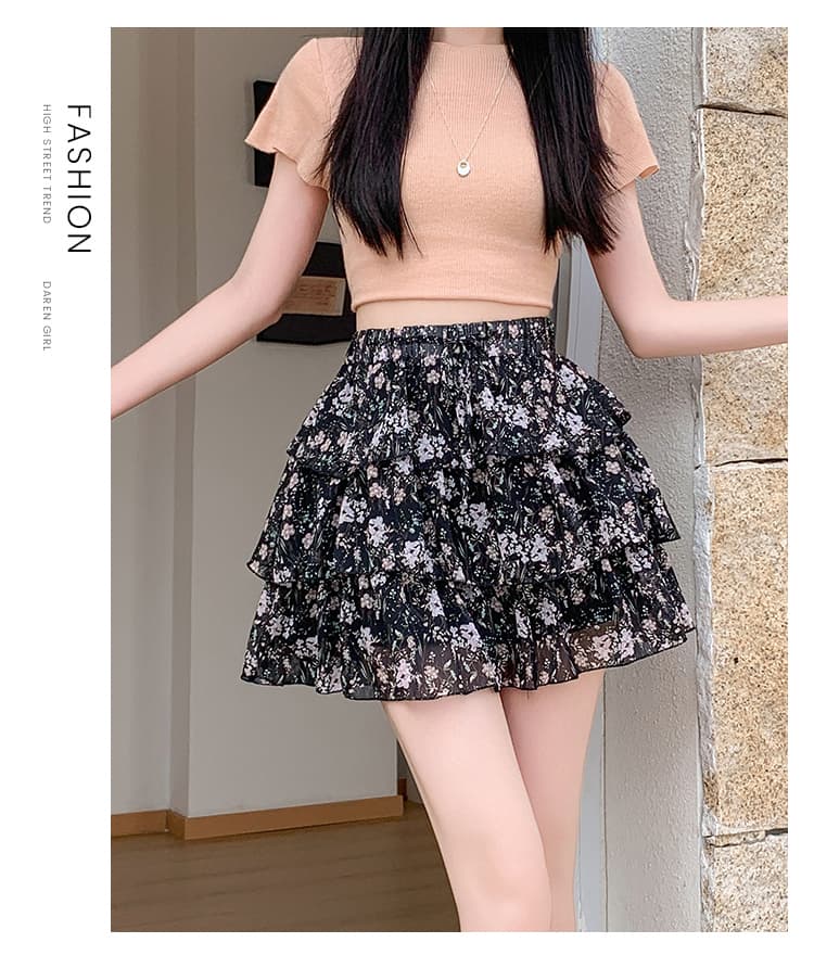 실사 쉬폰 꽃무늬 케이크 드레스 플리츠 스커트 연꽃 잎 퍼프 한 마디 반신 스커트 여성 상세 이미지 17