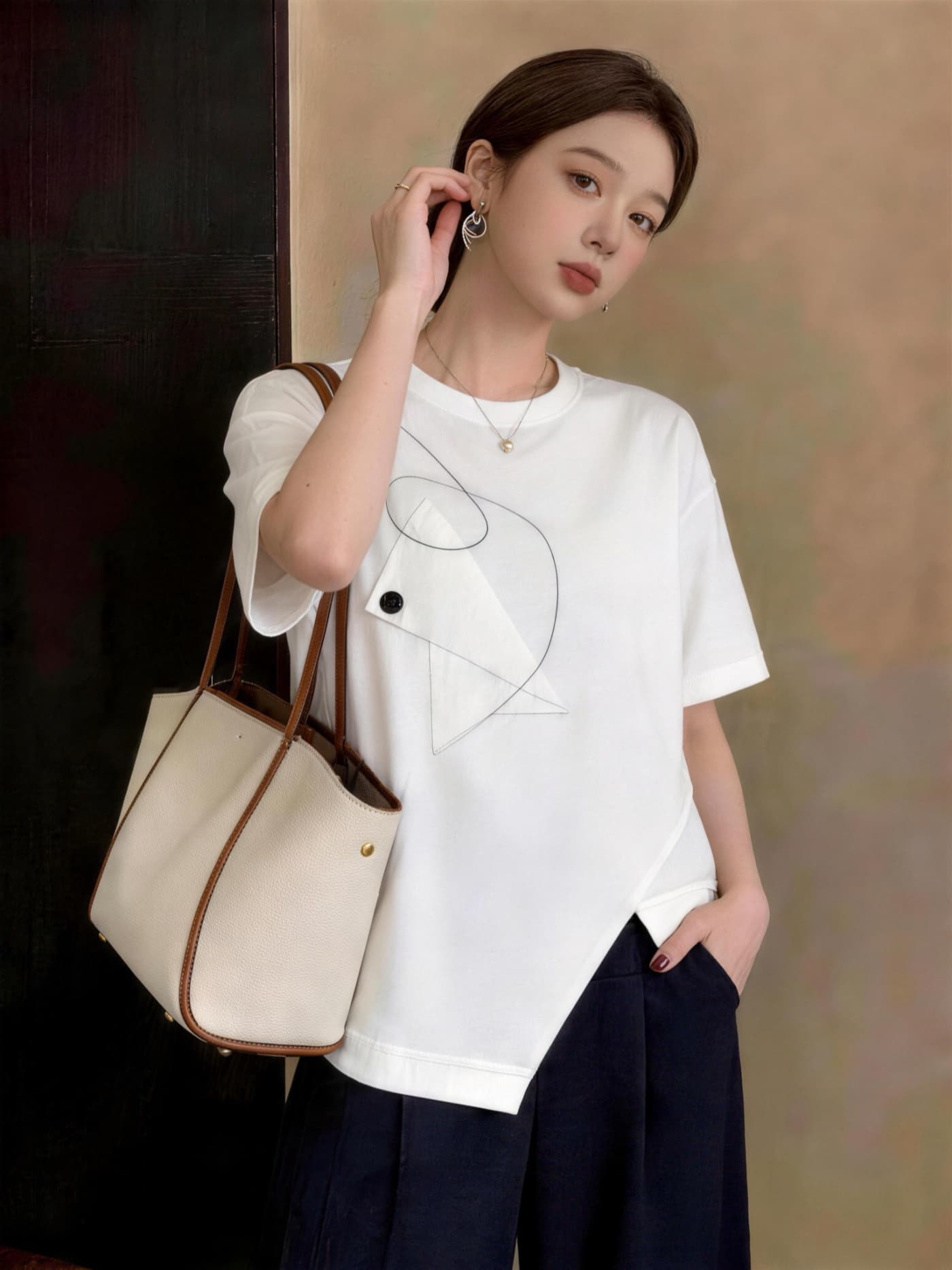 실사 빅 사이즈 여름 새로운 지방 mm 외국 가스 연령 감소 루즈핏 캐주얼 패션 미니멀리즘 패치워크 반팔 티셔츠 상세 이미지 10