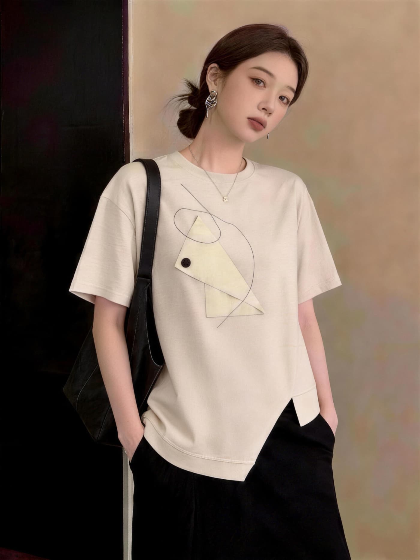 실사 빅 사이즈 여름 새로운 지방 mm 외국 가스 연령 감소 루즈핏 캐주얼 패션 미니멀리즘 패치워크 반팔 티셔츠 상세 이미지 12
