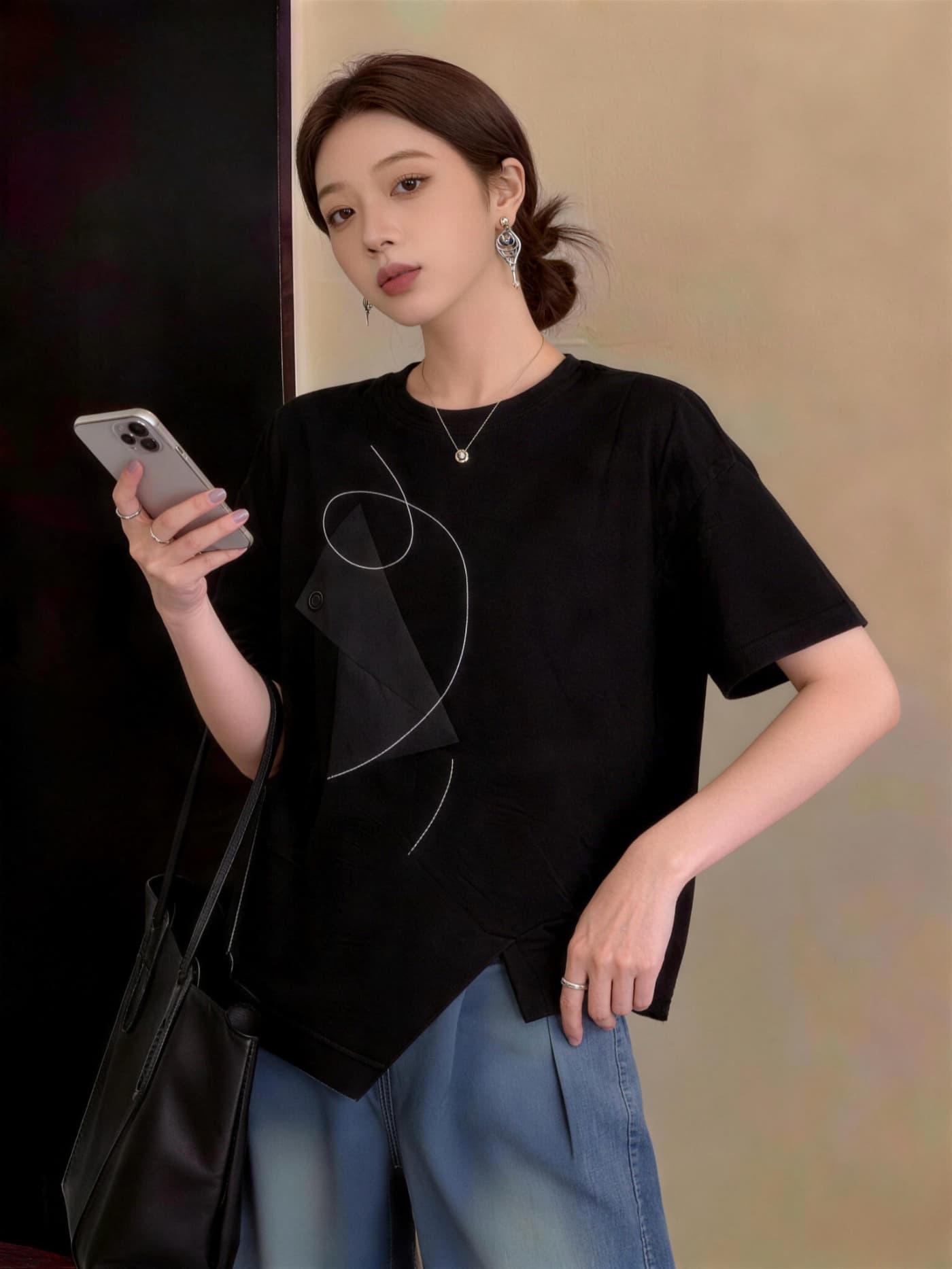 실사 빅 사이즈 여름 새로운 지방 mm 외국 가스 연령 감소 루즈핏 캐주얼 패션 미니멀리즘 패치워크 반팔 티셔츠 상세 이미지 13