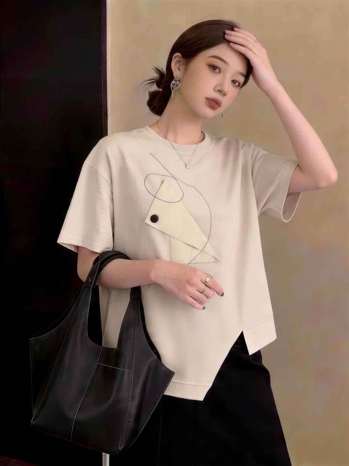 실사 빅 사이즈 여름 새로운 지방 mm 외국 가스 연령 감소 루즈핏 캐주얼 패션 미니멀리즘 패치워크 반팔 티셔츠 상세 이미지 14
