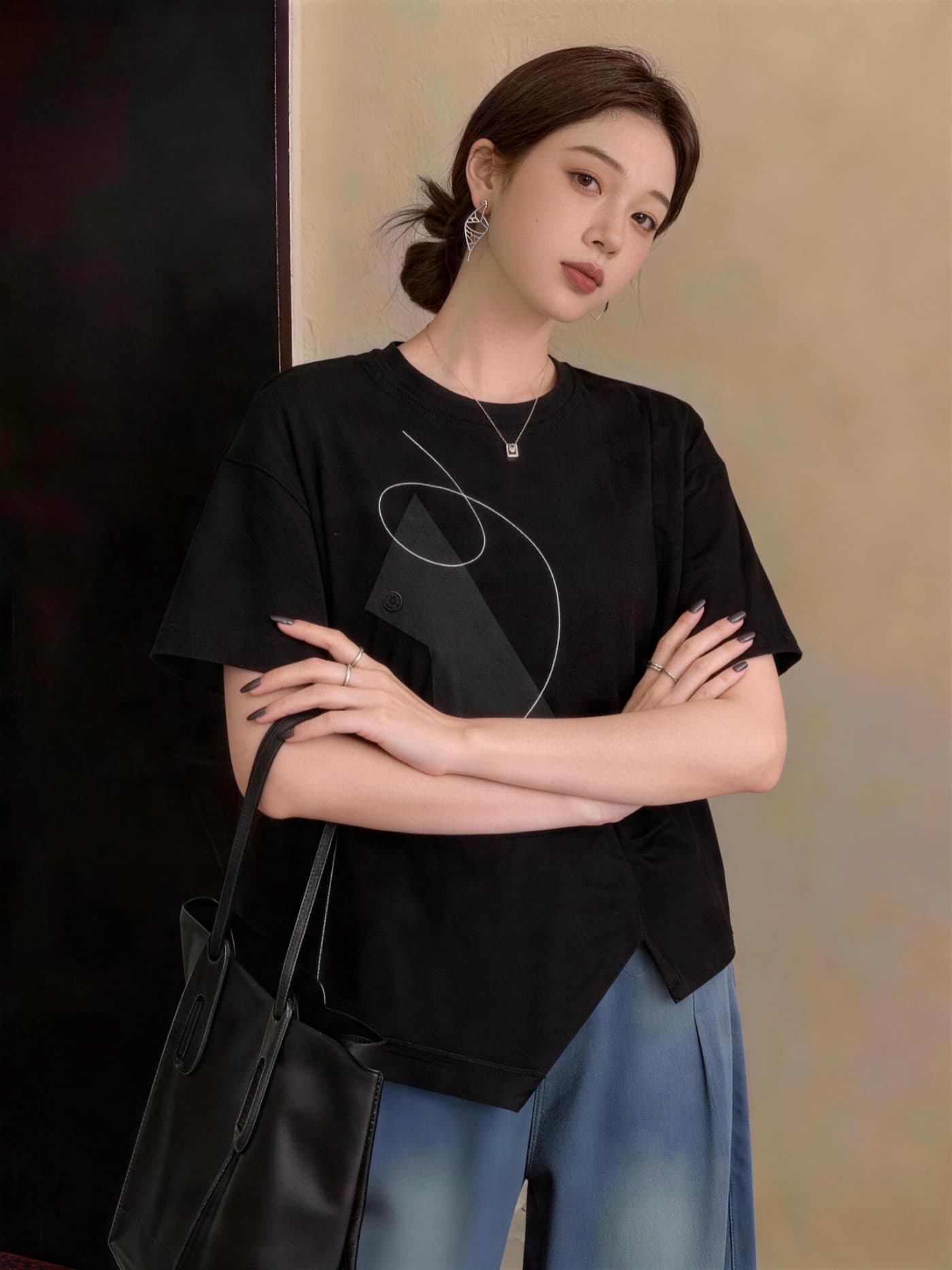 실사 빅 사이즈 여름 새로운 지방 mm 외국 가스 연령 감소 루즈핏 캐주얼 패션 미니멀리즘 패치워크 반팔 티셔츠 상세 이미지 15