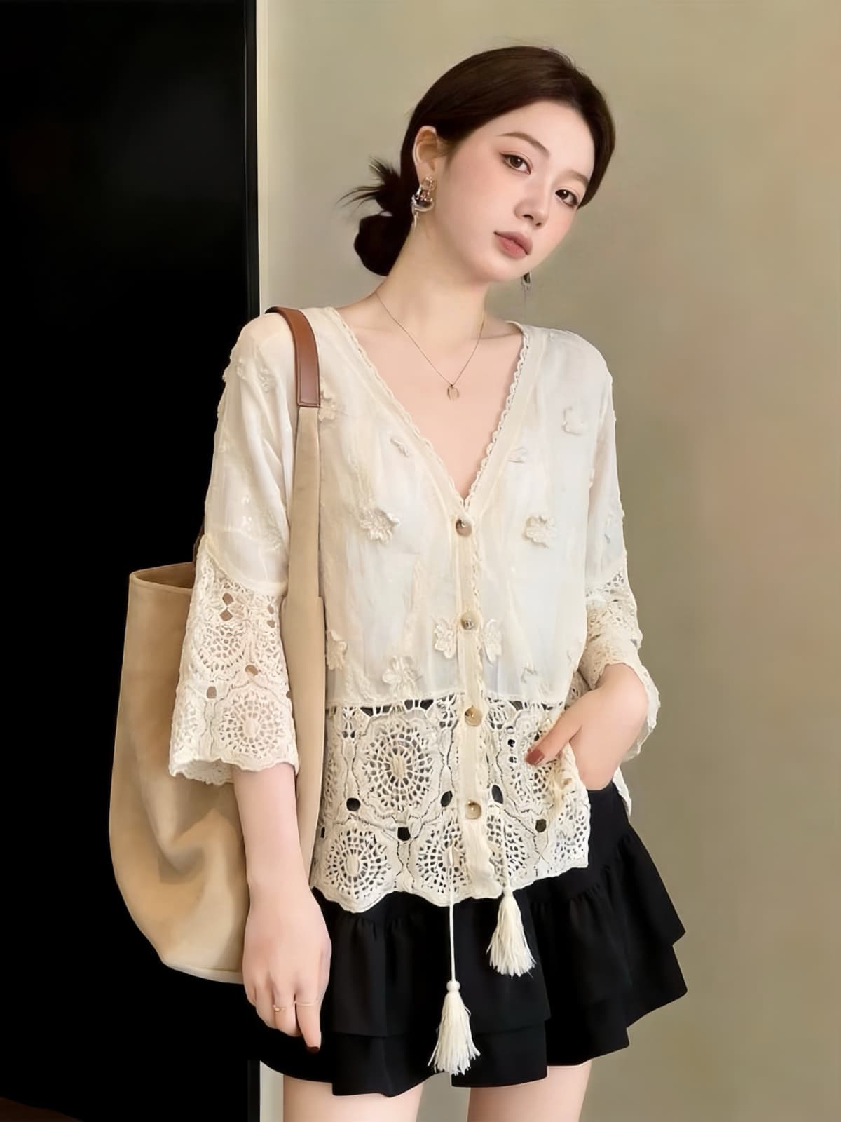 실사 빅 사이즈 지방 mm 여름 새로운 V넥 3 차원 꽃 레이스 블라우스 7부 소매 자외선 차단 오픈 가디건 맨위 상세 이미지 3