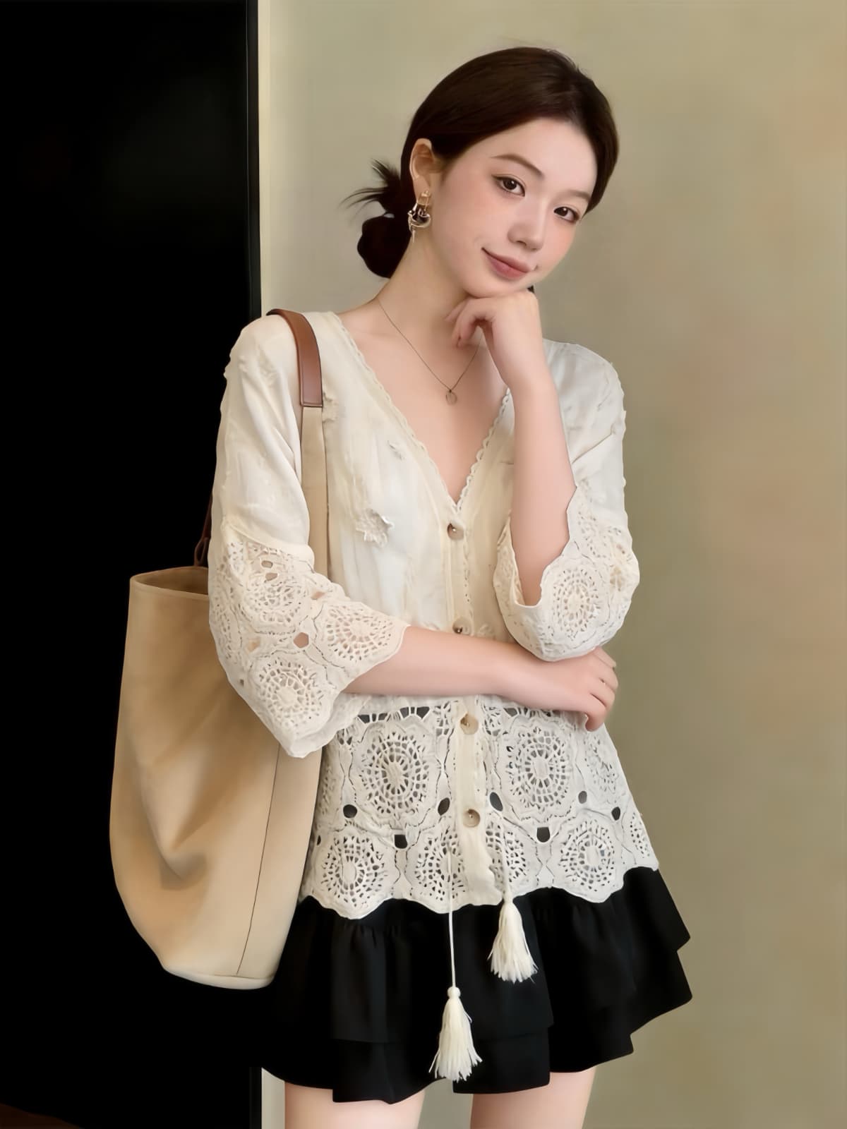 실사 빅 사이즈 지방 mm 여름 새로운 V넥 3 차원 꽃 레이스 블라우스 7부 소매 자외선 차단 오픈 가디건 맨위 상세 이미지 6