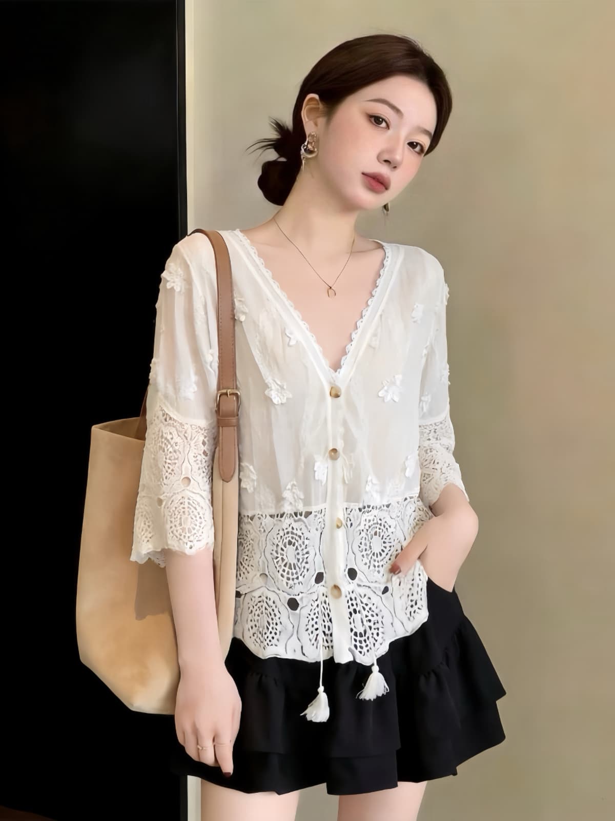 실사 빅 사이즈 지방 mm 여름 새로운 V넥 3 차원 꽃 레이스 블라우스 7부 소매 자외선 차단 오픈 가디건 맨위 상세 이미지 9