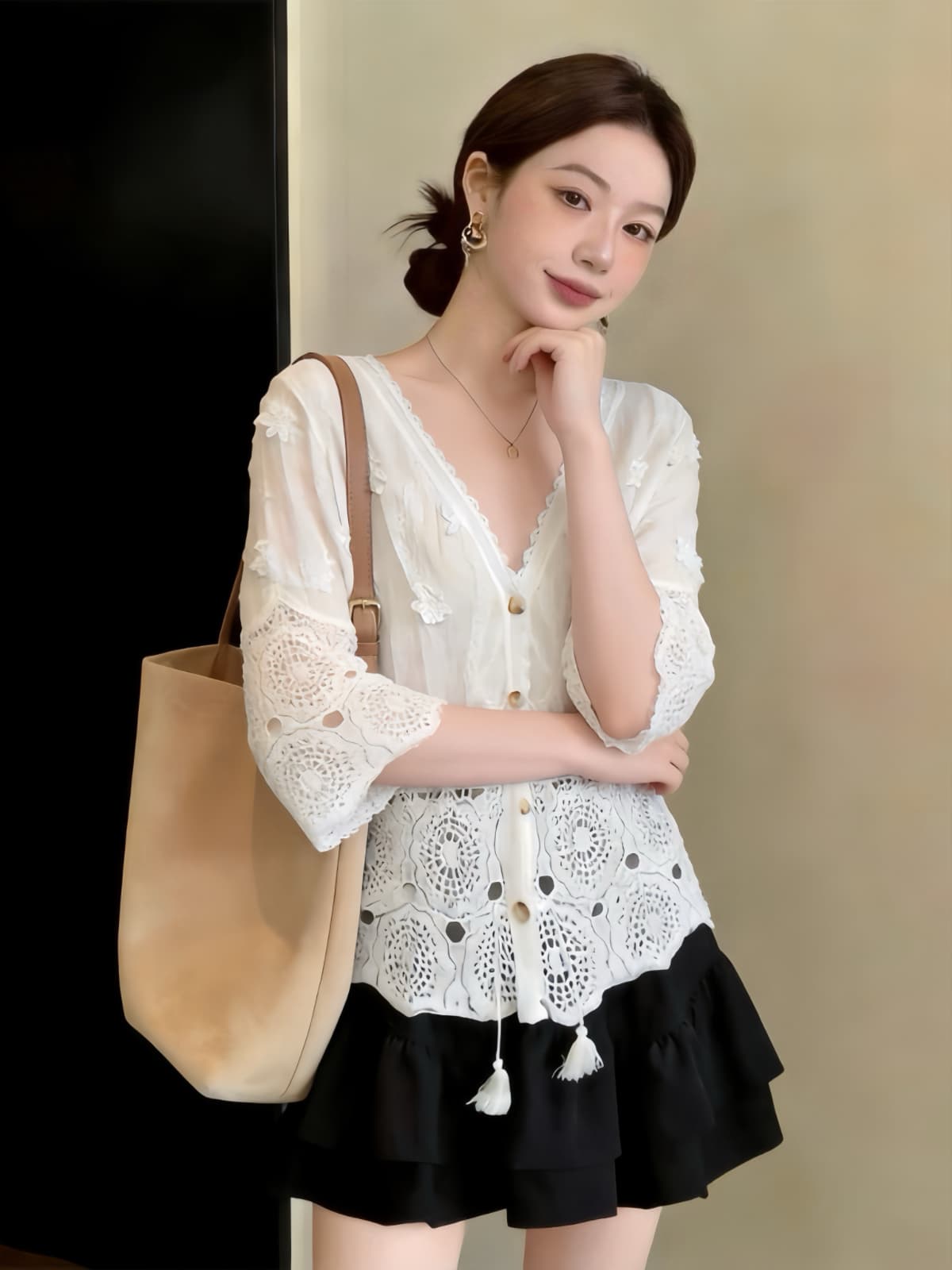 실사 빅 사이즈 지방 mm 여름 새로운 V넥 3 차원 꽃 레이스 블라우스 7부 소매 자외선 차단 오픈 가디건 맨위 상세 이미지 10