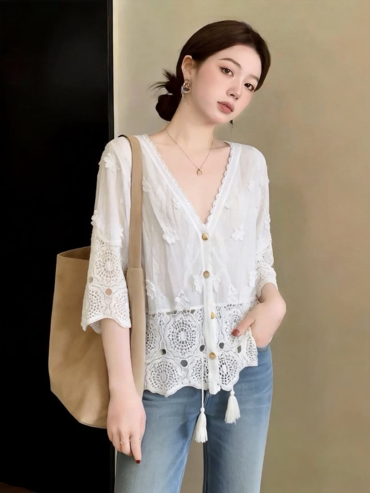 실사 빅 사이즈 지방 mm 여름 새로운 V넥 3 차원 꽃 레이스 블라우스 7부 소매 자외선 차단 오픈 가디건 맨위 상세 이미지 12