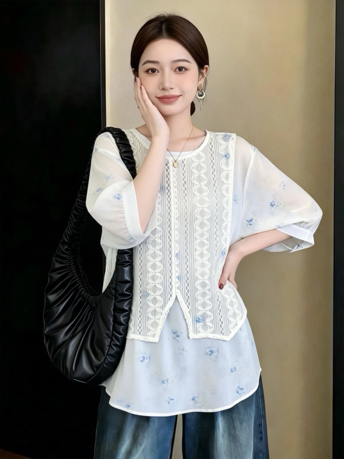 실사 여름 새로운 지방 mm 고급 센스 다용도 슬림해 보이는 페이크 레이어드 외국 가스 연령 감소 빅 사이즈 반팔 티셔츠 상세 이미지 9