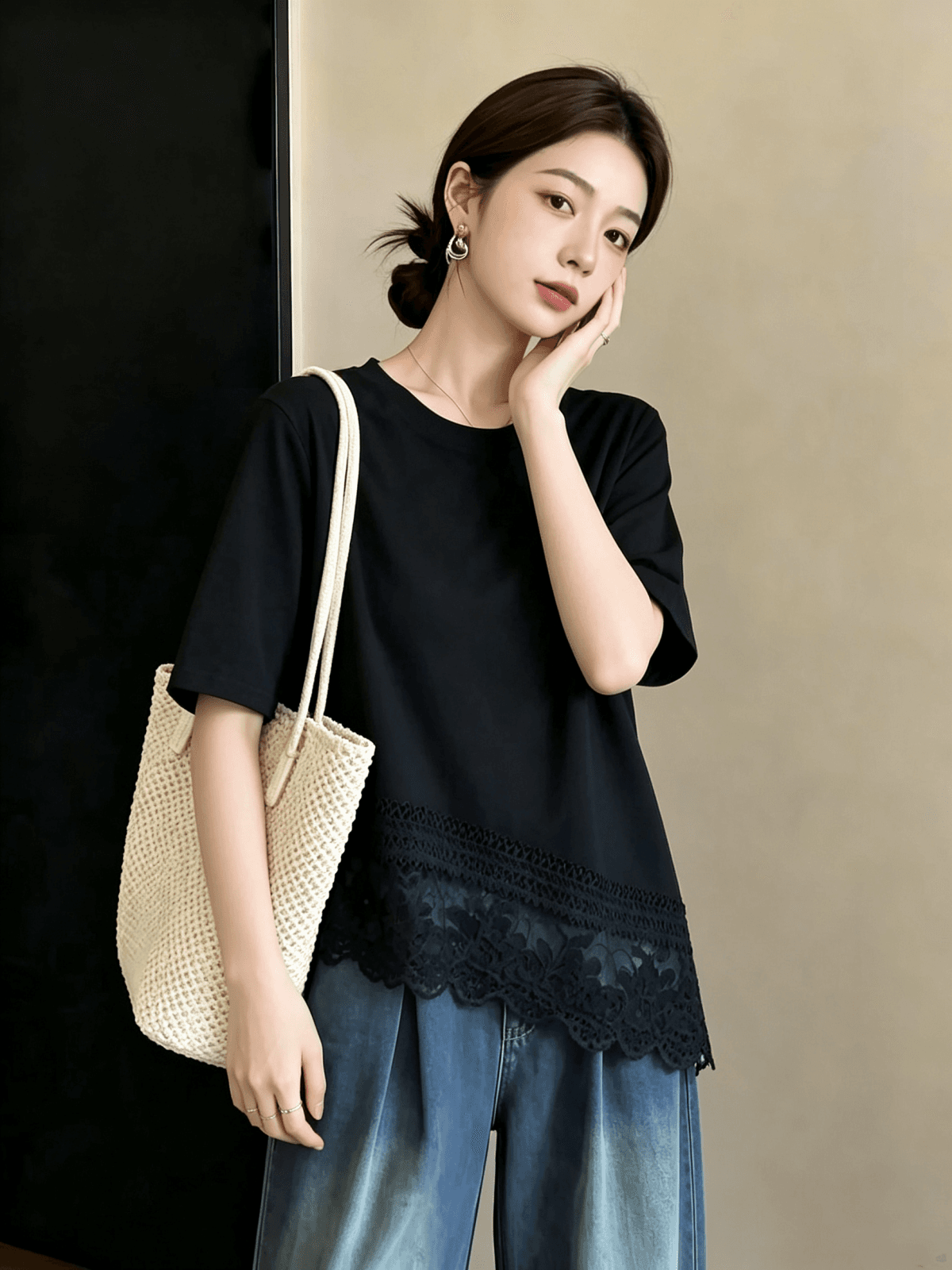실사 빅 사이즈 여성 의류 여름 한국 스타일 디자인 센스 연령 감소 외국 가스 레이스 레이스 불규칙 다용도 슬림해 보이는 티셔츠 이미지 2