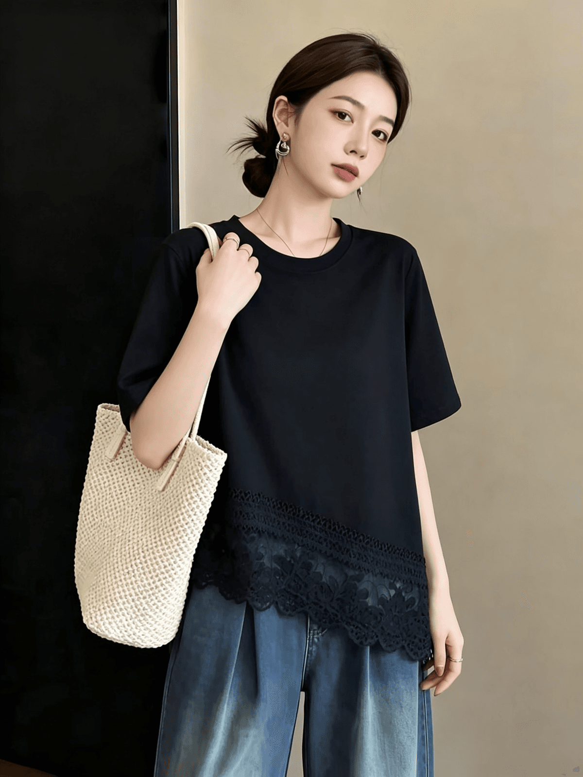 실사 빅 사이즈 여성 의류 여름 한국 스타일 디자인 센스 연령 감소 외국 가스 레이스 레이스 불규칙 다용도 슬림해 보이는 티셔츠 상세 이미지 6