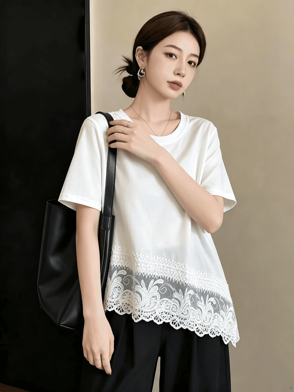 실사 빅 사이즈 여성 의류 여름 한국 스타일 디자인 센스 연령 감소 외국 가스 레이스 레이스 불규칙 다용도 슬림해 보이는 티셔츠 상세 이미지 10